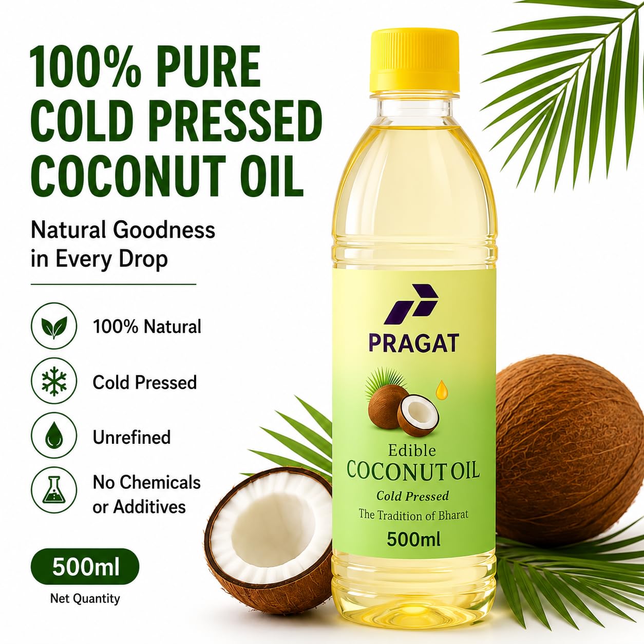 Cold Pressed Coconut Oil 500ml | Wood Pressed Virgin Coconut Oil | 100% Pure Natural Oil | Lakdi Ghani Nariyal Tel | Unrefined Edible Oil For Cooking, Hair & Skin Care | Chemical Free - Image 4