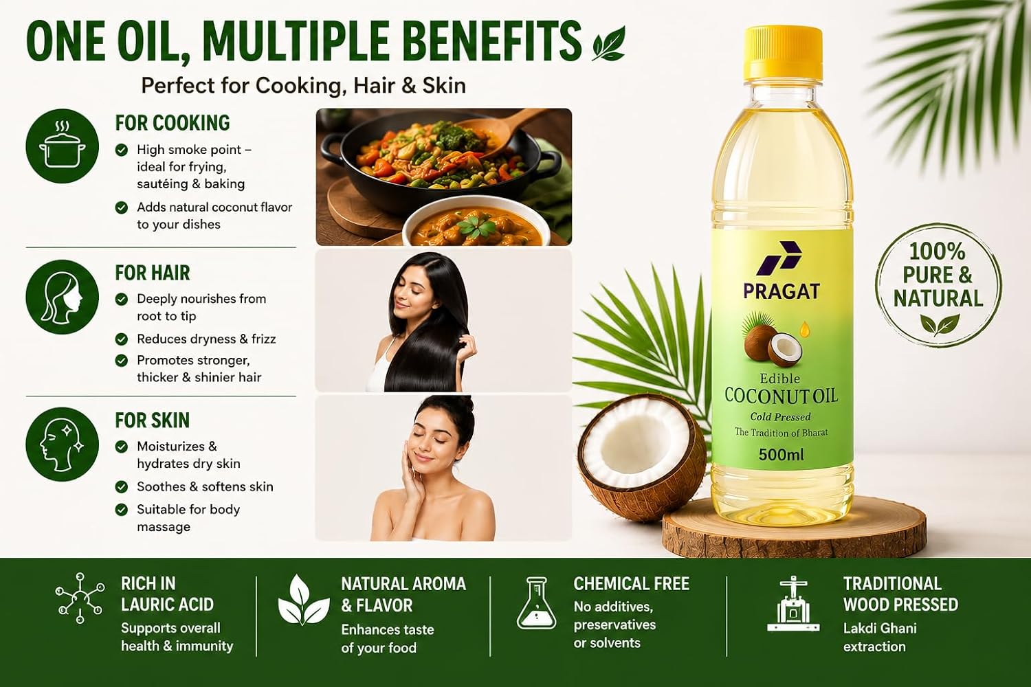 Cold Pressed Coconut Oil 500ml | Wood Pressed Virgin Coconut Oil | 100% Pure Natural Oil | Lakdi Ghani Nariyal Tel | Unrefined Edible Oil For Cooking, Hair & Skin Care | Chemical Free - Image 5