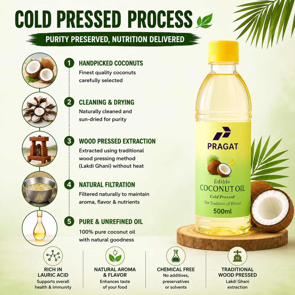 Cold Pressed Coconut Oil 500ml | Wood Pressed Virgin Coconut Oil | 100% Pure Natural Oil | Lakdi Ghani Nariyal Tel | Unrefined Edible Oil For Cooking, Hair & Skin Care | Chemical Free - Image 6