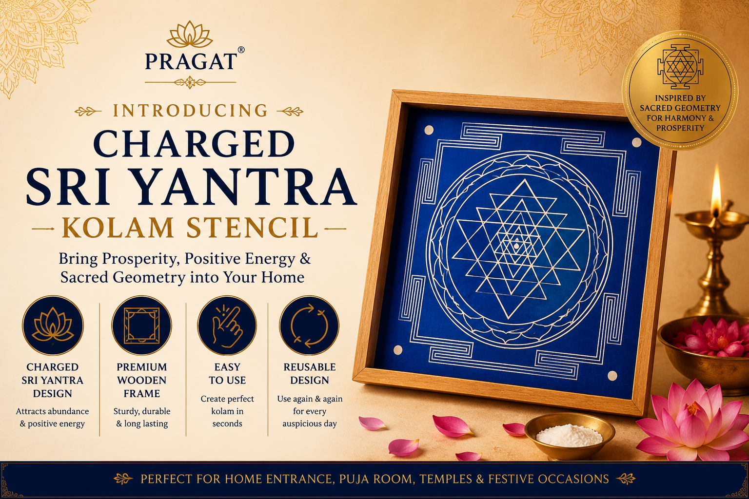 Charged Sri Yantra Kolam Rangoli Stencil Wooden, Rangoli Sacha Wooden, 1 Piece (10x10 Inches) - Image 2
