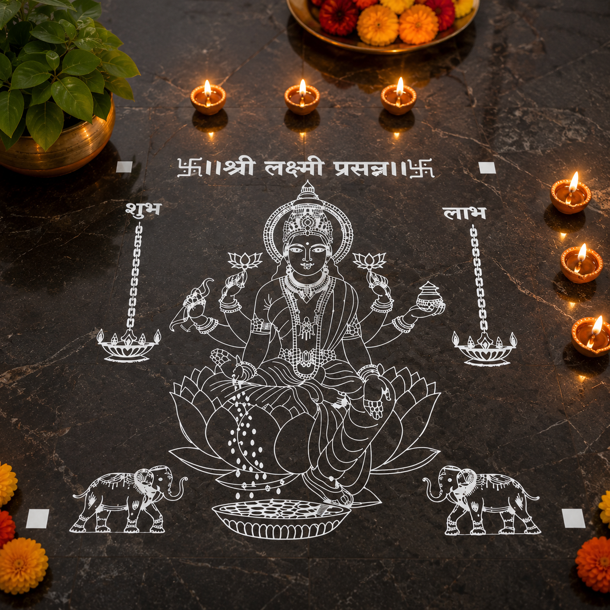 Lakshmi Prasanna Rangoli Stencil | Gaj Lakshmi Pooja Kolam Stencil for Diwali | 10x10 Inch - Image 4