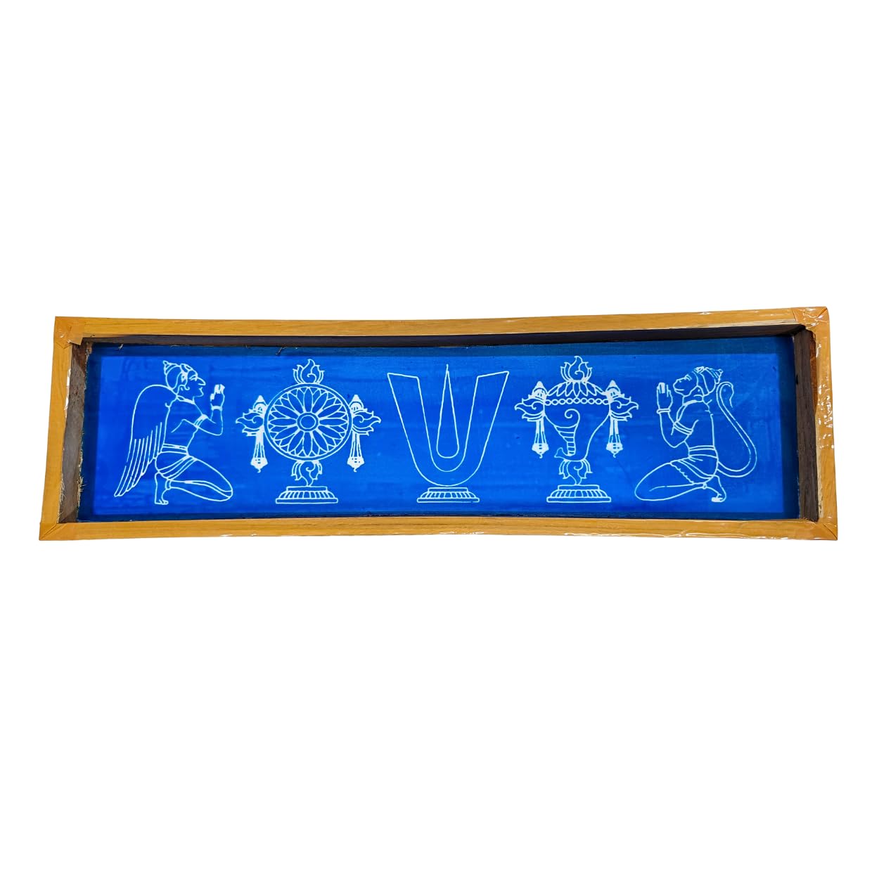 Hanuman Garud Chakra Wooden Rangoli Stencil (17x5 inches) | Pragat Wooden Vaishnav Namam Rangoli Stencil | Vishnu Tilak, Garuda, Sudarshan Chakra, Shankh & Hanuman Design | Reusable Cloth Rangoli Maker for Tirupati Balaji, Diwali, Temple & Pooja Decoration