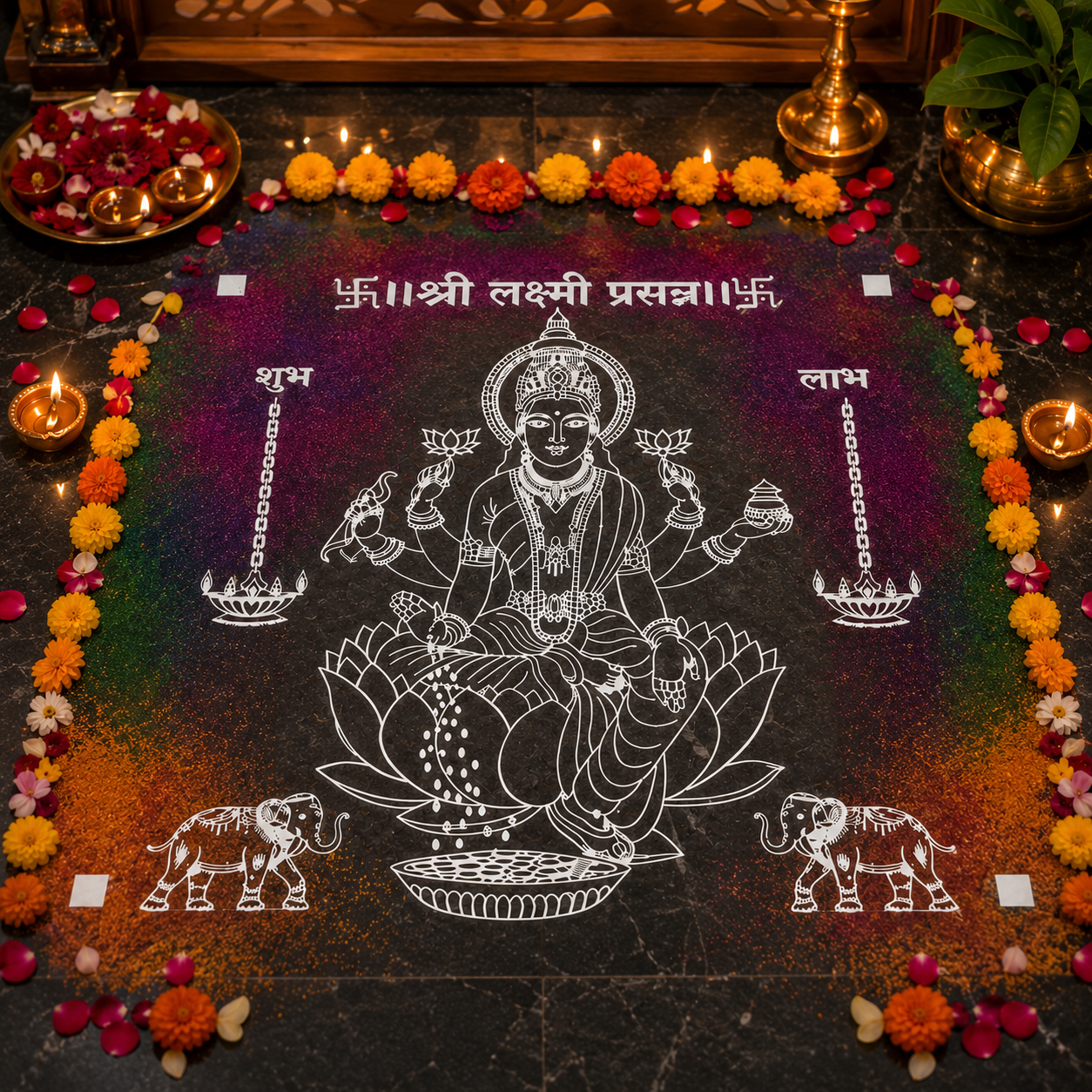Lakshmi Prasanna Rangoli Stencil | Gaj Lakshmi Pooja Kolam Stencil for Diwali | 10x10 Inch - Image 6