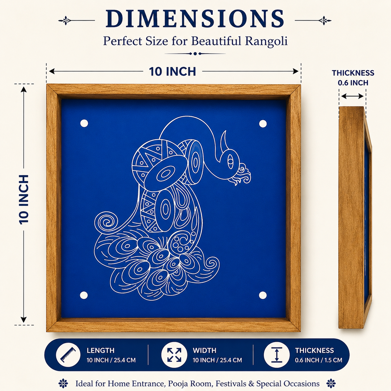 PRAGAT Peacock Design 4 Wooden Rangoli Stencil | Traditional Sacha for Festivals, Home Décor & Puja (10x10) - Image 2