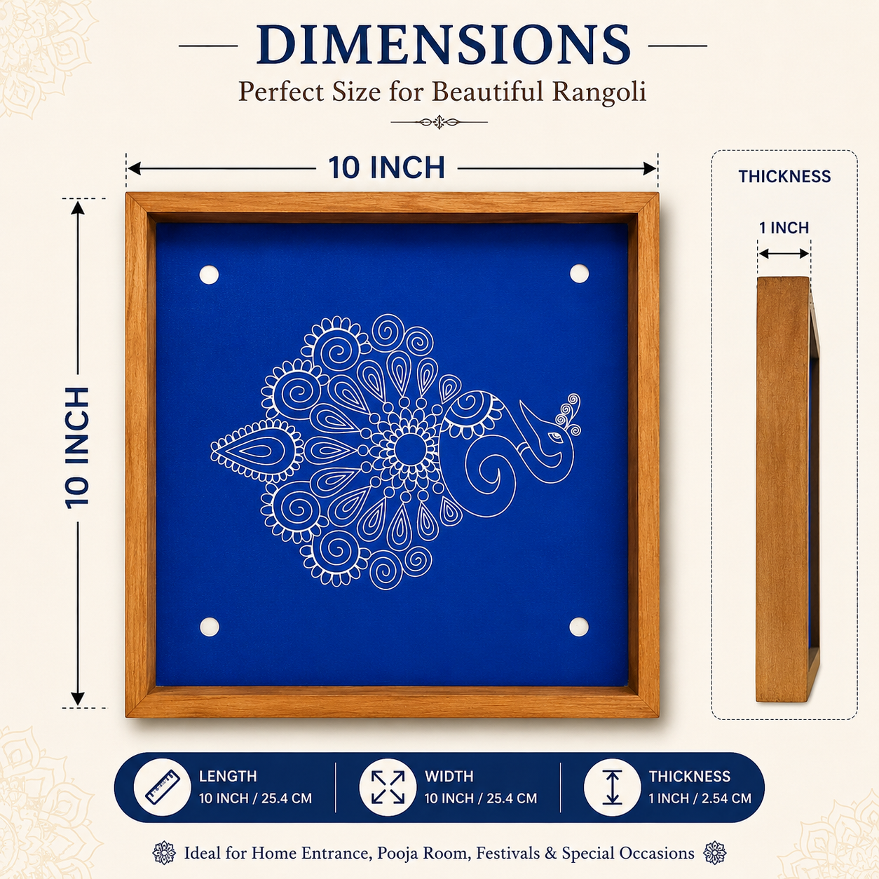 PRAGAT Peacock 1 Design Wooden Rangoli Stencil | Traditional Sacha for Festivals, Home Décor & Puja (10x10) - Image 2