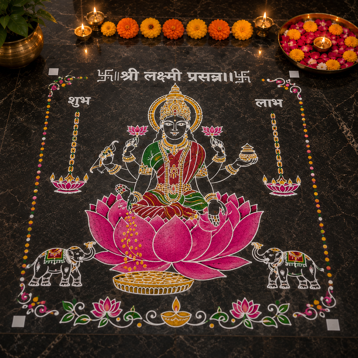 Lakshmi Prasanna Rangoli Stencil | Gaj Lakshmi Pooja Kolam Stencil for Diwali | 10x10 Inch - Image 7